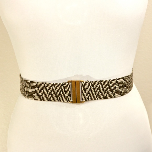 Anthropologie Accessories - Anthropologie Boho Stretch Belt with Brass Buckle, Black & Cream Woven